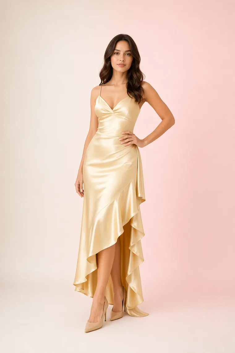 Model in a gold satin glam dress
