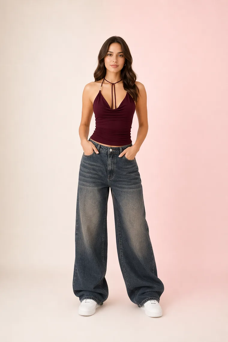 Model in a burgundy halter top and baggy jeans